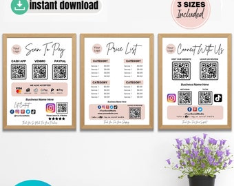 Editable Payment Sign Template Bundle, Printable Scan To Pay, Qr Code Social Media Sign, Small Business Canva Template , Venmo, CashApp