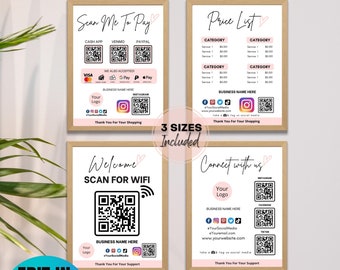Scan To Pay Template Bundle, QR-Code-Zeichen, Preisliste, bearbeitbares Zahlungszeichen, druckbar Folgen Sie uns, Venmo, Cashapp