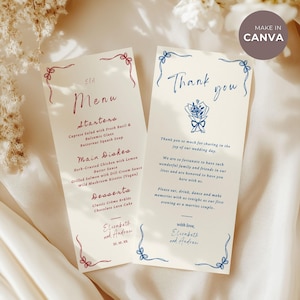 Modelo de menu de casamento desenhado à mão e cartão de agradecimento, cartão de agradecimento de casamento moderno, menu de mesa monocromático elegante editável, 4x9, 4x8