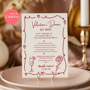 Galentine's Day Menüvorlage, bearbeitbare Valentinstag Abendessen Brunch Tischkarte, handgezeichnete druckbare Valentinstag Menü, Valentinstag Abendmenü