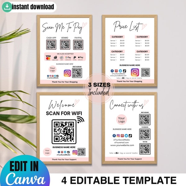 Scan To Pay Template Bundle, Printable Payment Sign, Editable Social Media QR Code Sign, Scan To Pay Sign, Venmo, CashApp, Canva Template