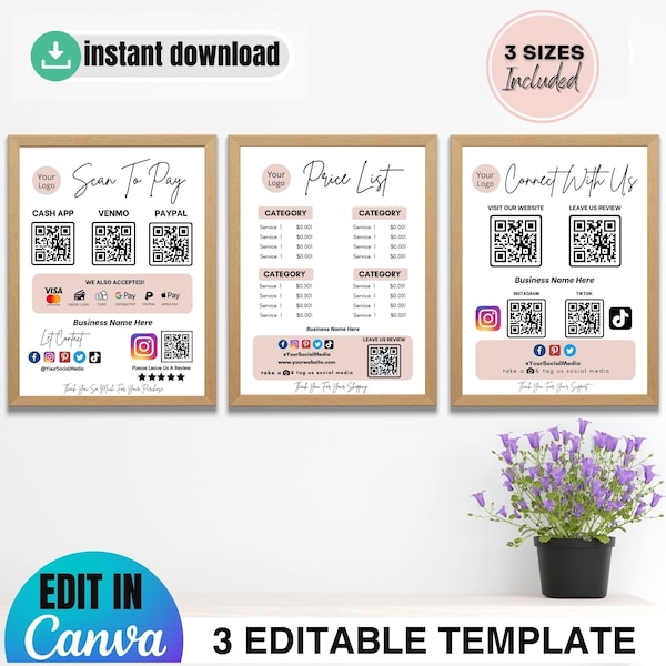 Editable Payment Sign Template Bundle, Printable Scan To Pay, Qr Code Social Media Sign, Small Business Canva Template , Venmo, CashApp