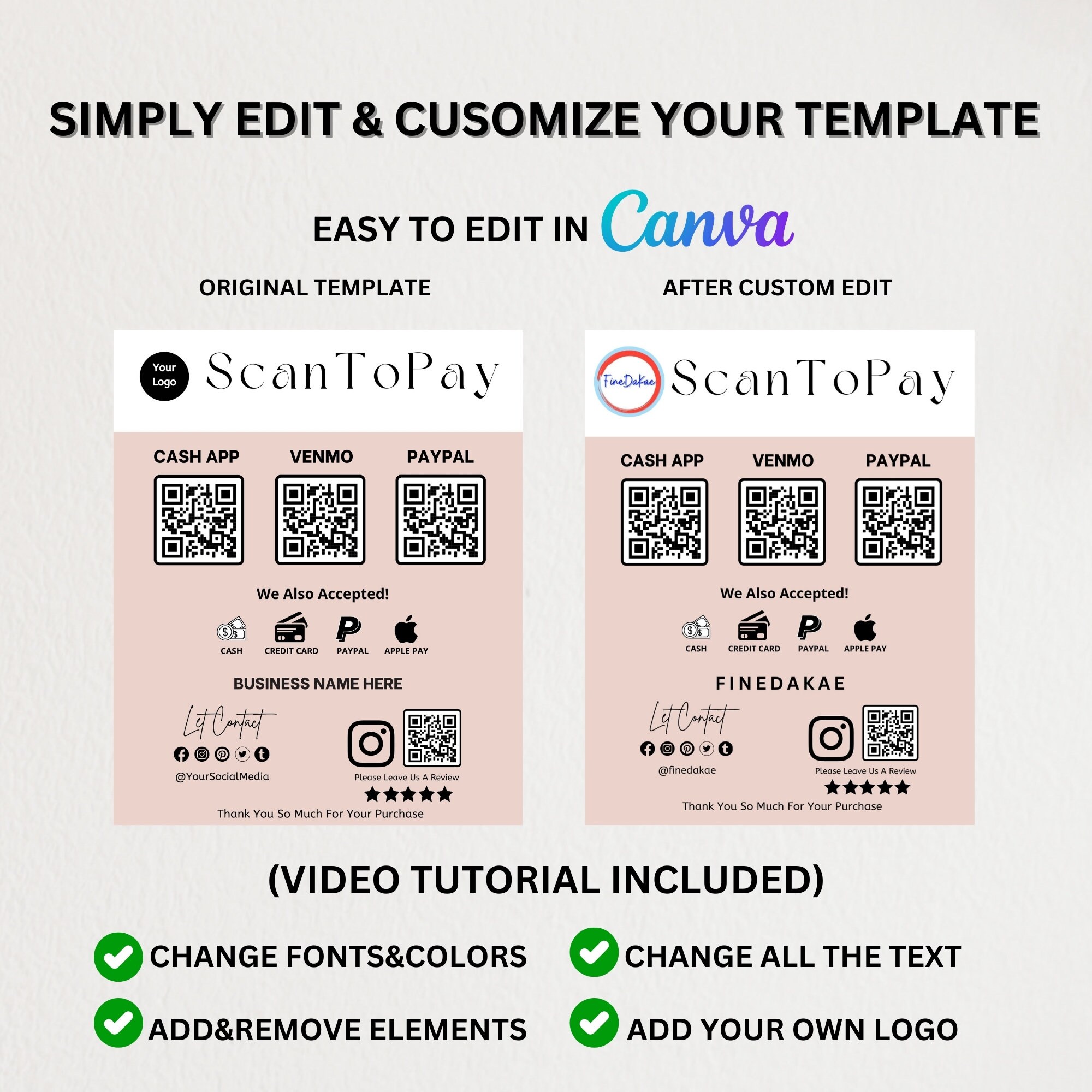 Editable Scan to Pay Sign Template: QR Code Payment (canva) - Etsy