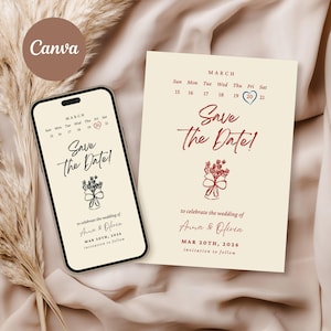 Puede incluir: Una invitación de boda digital y una tarjeta a juego con el texto "Save the Date!" en escritura roja. La invitación incluye la fecha, 20 de marzo de 2026, y los nombres Anna & Olivia. El diseño presenta un ramo floral.