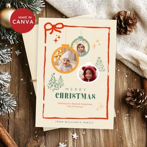 Druckbare Foto Weihnachtskartenvorlage, Minimalistische Weihnachtskarte, frohe Weihnachtskarte, Familienurlaub Fotokarte, Einlegekarte Hand gezeichnet