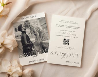 Editable Save The Date Photo Template, Minimal Wedding Invitation Canva, Black White Modern Wedding Announcement, Instant Download