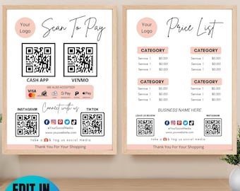2 Bundle Editable QR Code Sign, Printable Payment Sign, Scan to Pay Canva Template, Scan To Paypal, Venmo, CashApp, Instant Download