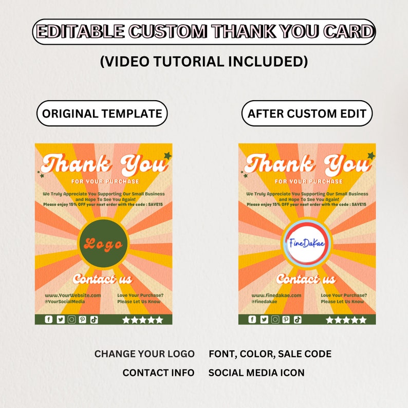 Retro Thank You Card Canva Template Rainbow Digital Thank You Etsy