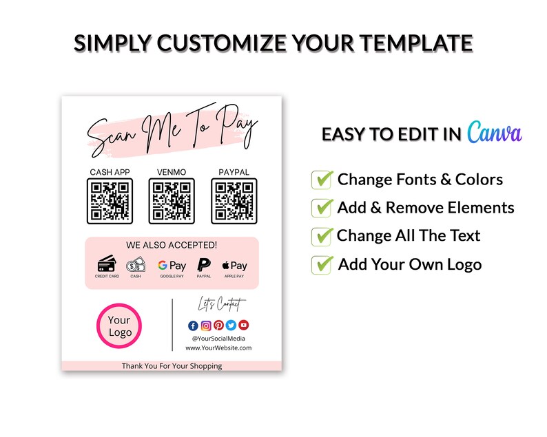 Editable QR Code Sign Scan to Pay Template Printable Payment - Etsy Canada