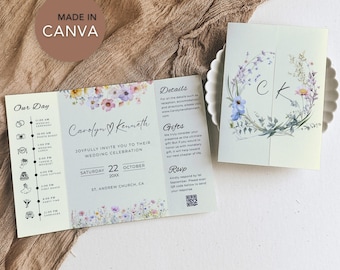 Wildflower Wedding Invitation Template: Elegant Gatefold Design (Canva Editable, Digital Download)