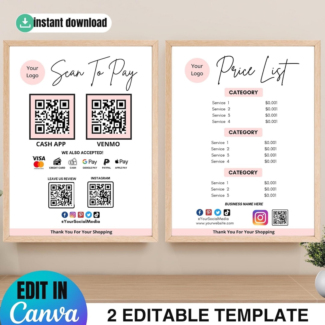 Qr Code Sign Pament Editable QR Code Payment Sign Template: Scan to Pay (digital Download ...