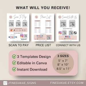 3 bundles scan to pay template, payment qr code sign, printable social media sign digital download for small business.