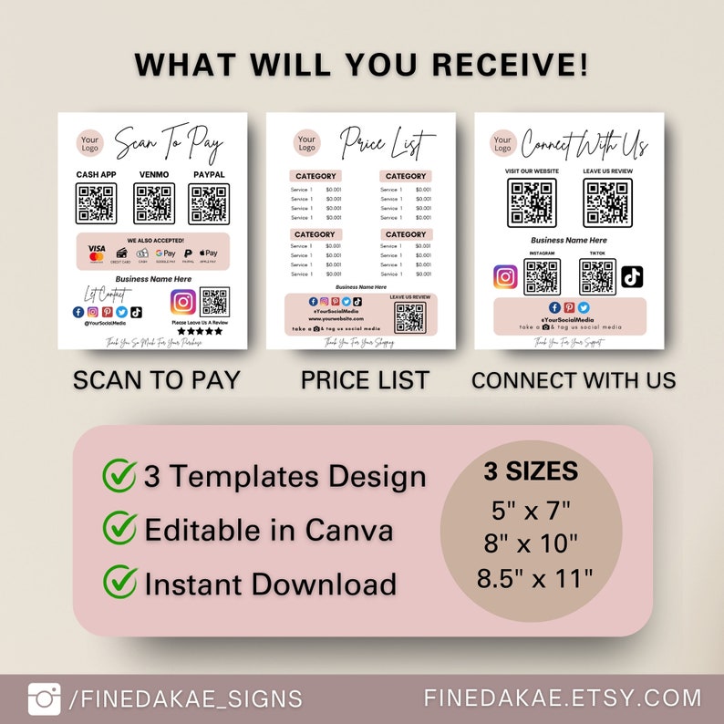 3 bundles scan to pay template, payment qr code sign, printable social media sign digital download for small business.
