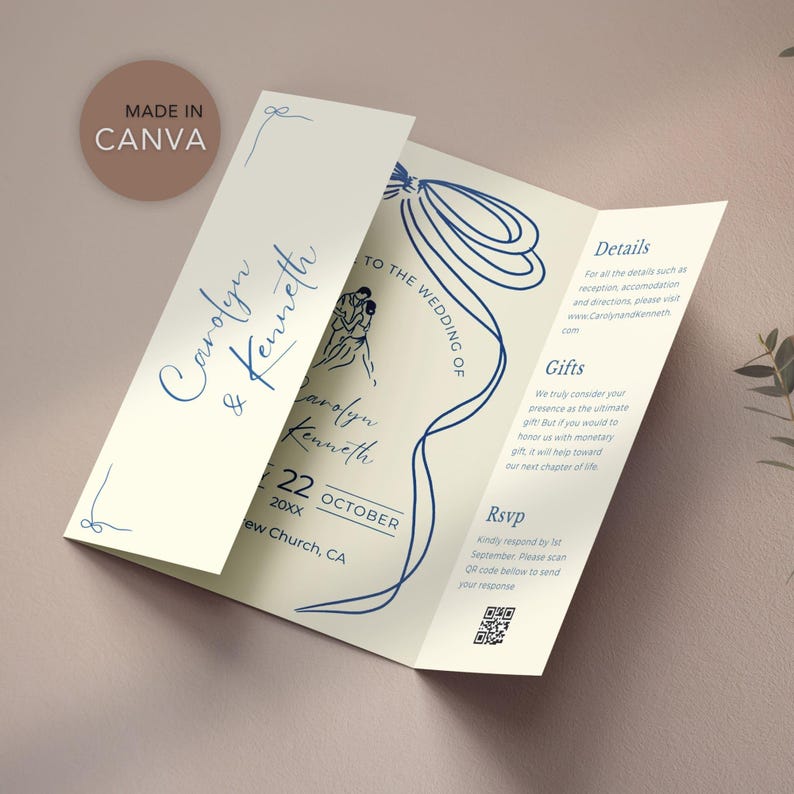 Hand Drawn Wedding Invitation Template: Gatefold, Whimsical Design (Canva Editable, Digital Download) image 1