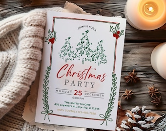 Christmas Party Invitation Template, Hand Drawn Tree (Editable Canva Digital Download)