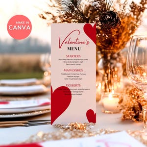 Modèle de menu imprimable pour la Saint-Valentin 4 x 9 pouces, menu du dîner de la Saint-Valentin, carte de menu pour le dîner, marque de lieu pour le brunch du dîner de la Saint-Valentin, menu coeurs rouges