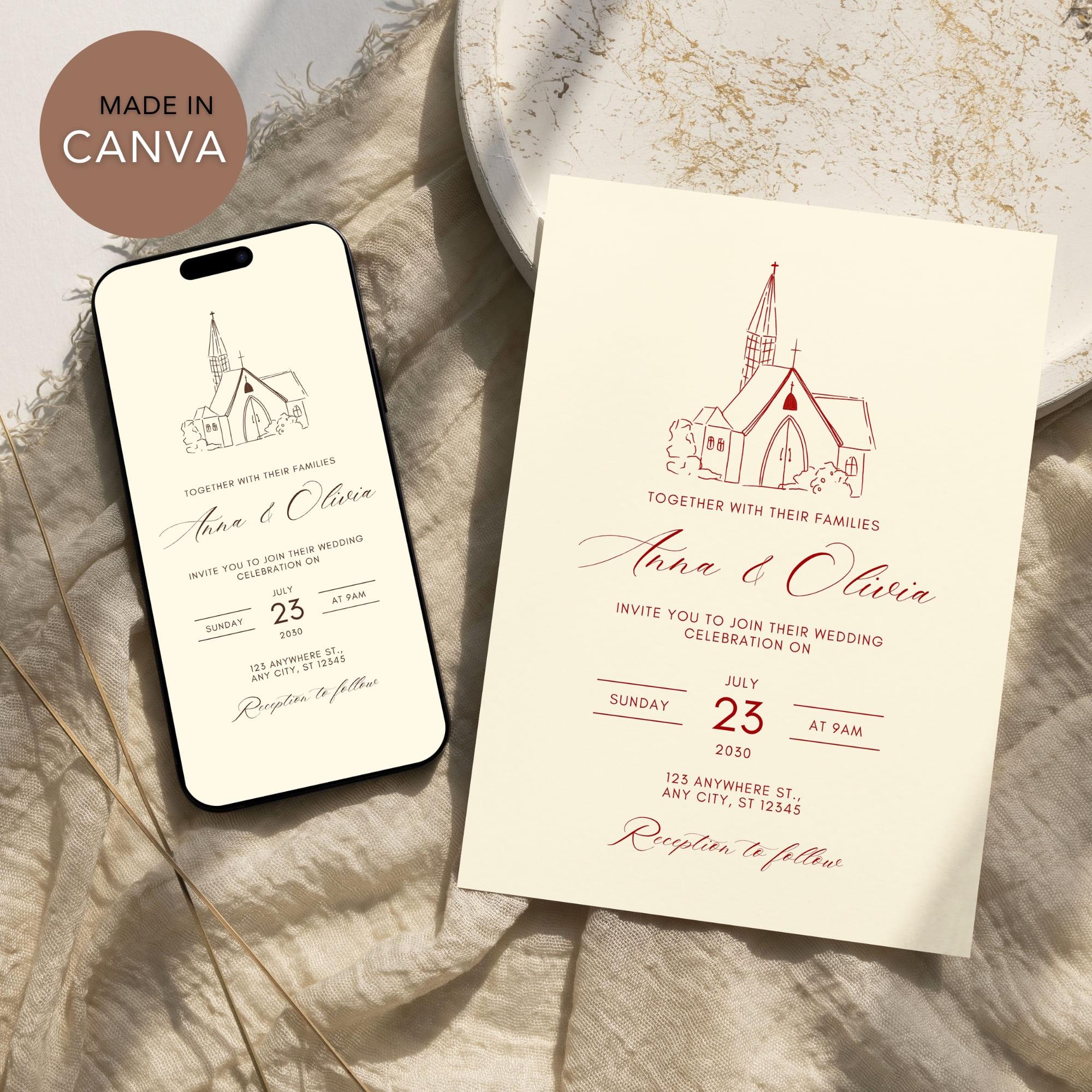 Hand Drawn Church Wedding Invitation Template (Digital Download)