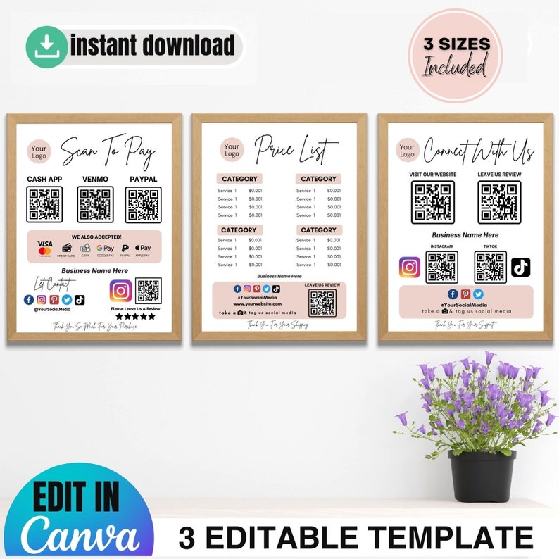 3 bundles scan to pay template, payment qr code sign, printable social media sign digital download for small business.