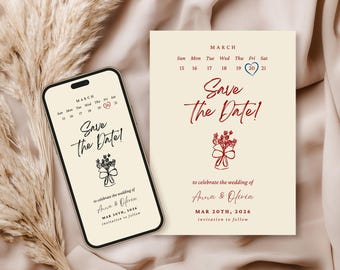Minimalistische kalender: Save the Date-huwelijksuitnodiging (digitale download)