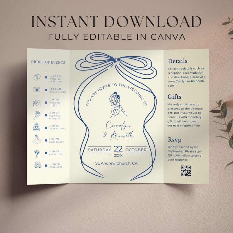 Hand Drawn Wedding Invitation Template: Gatefold, Whimsical Design (Canva Editable, Digital Download) image 3