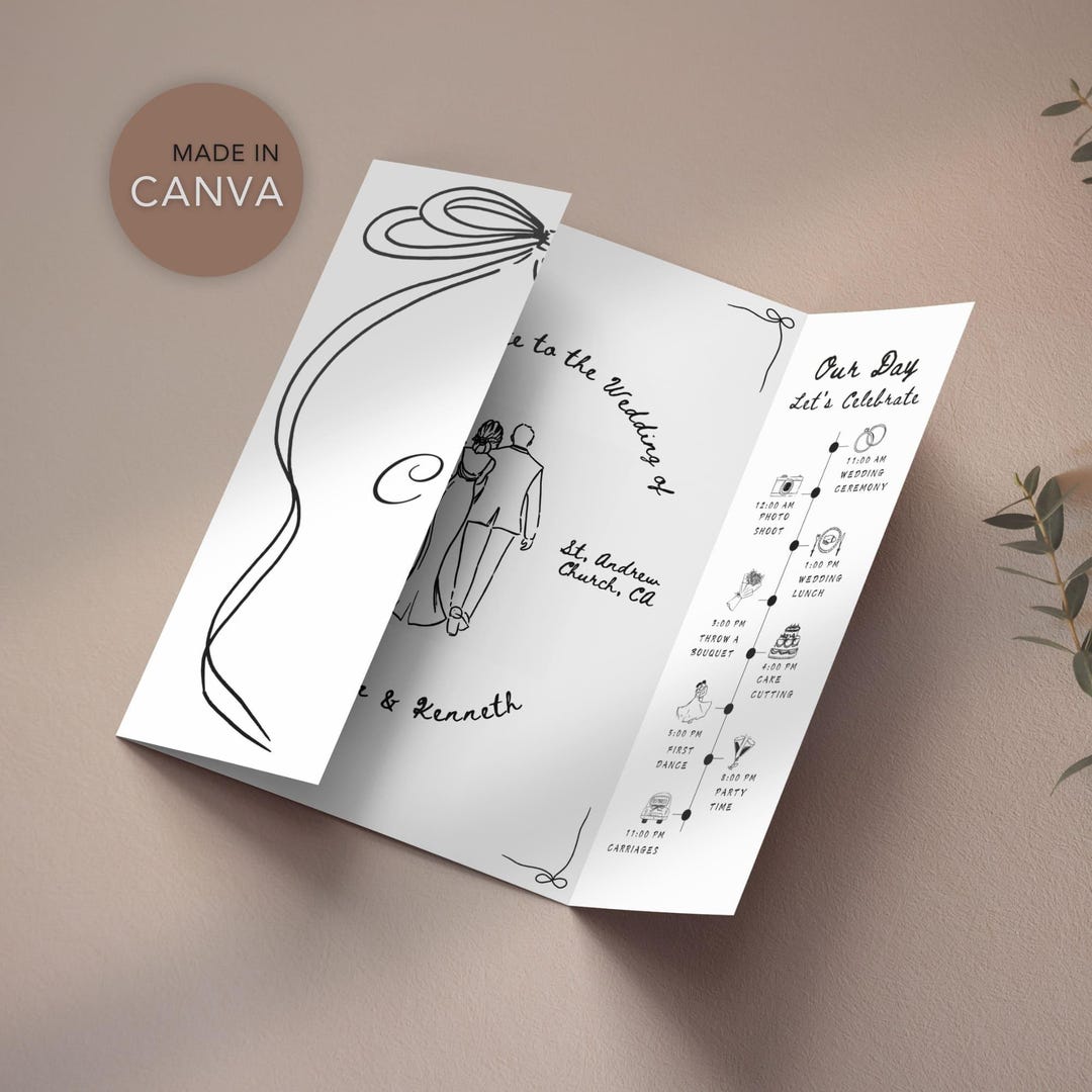 Hand Drawn Wedding Invitation Template: Gatefold Trifold, Editable ...