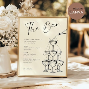 Enseigne de boissons signature dessinée à la main, modèle de menu de bar imprimable, enseigne de bar de mariage fantaisiste, menu de liste de cocktails modifiable pour les célébrations
