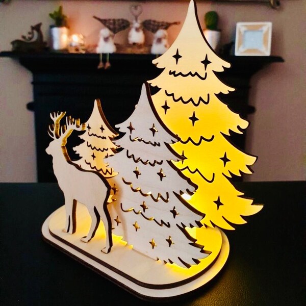 Laser cut tree reindeer Christmas table decoration svg template Christmas composition dxf cut plan  Wood scene decorations template