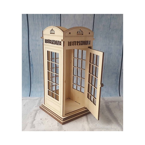 Laser cut telephone booth 3D puzzle svg template Glowforge London telephone booth table lamp dxf cnc vector laser cut pattern digital file