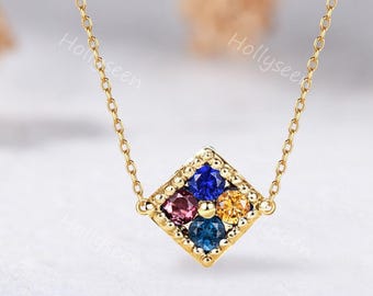 4 Family Birthstone Square Pendant Necklace Silver Gold Minimalist 4 Gemstones Personalized Pendant Sapphire Tourmaline Blue Topaz Citrine