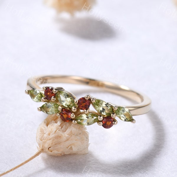 Marquise Peridot Garnet Yellow Gold Ring Vintage Green Red Gemstone Cluster Wedding Ring Dainty Birthstone Ring Anniversary Gift Women
