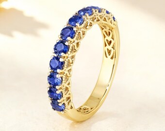 Vintage Sapphire Gold Wedding Band Heart Shape Pattern Stacking Ring Half Eternity Blue Stones Stackable Ring September Birthstone Band