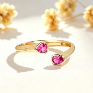 Dainty Ruby Open Adjustable Wedding Band Solid Gold Minimalist 2 Red Stones Stacking Ring Simple July Birthstone Stackable Ring Bypass Ring