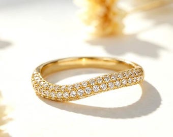 Curved Moissanite Wedding Band Solid 14k Yellow Gold Unique Curve Wave Stacking Ring Minimalist Pave Stackable Ring Simple Bridal Band