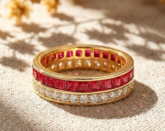 Princess Cut Ruby Moissanite Wedding Band Full Eternity Red Gemstones Stackable Ring July Birthstone Stacking Ring Promise Gift for Her