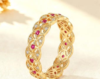 Vintage Ruby Filigree Gold Wedding Band Full Eternity Art Deco Stacking Ring Red Gemstone Antique Stackable Ring Retro July Birthstone Ring