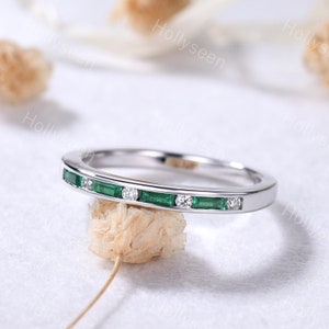 Baguette Cut Emerald Silver White Gold Wedding Band Half Eternity Moissanite Stacking Ring May Birthstone Ring Women Bridal Matching Ring