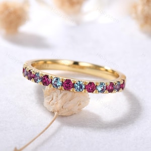 2mm Alexandrite Ruby Yellow Gold Wedding Band Sterling Silver Ring Half Eternity Stacking Ring June Birthstone Ring Gemstone Matching Ring