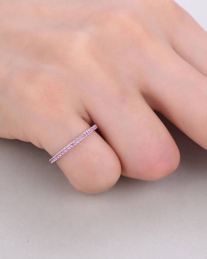 Pink Tourmaline Wedding Band 14k White Gold Half Eternity 925 Sterling Silver Pave Bridal Promise Stacking Matching Ring Anniversary Gift