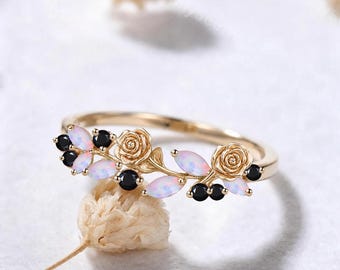 Rose Marquise Opal Black Onyx Floral Wedding Band Solid 14k Gold Ring Botanical Nature Inspired Flower Leaf Ring October Birthstone Gift