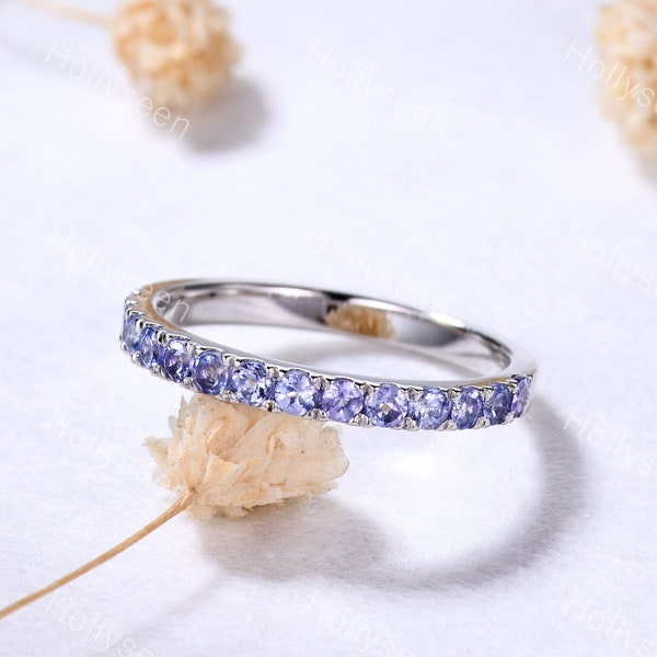 2mm Natural Tanzanite Pave Wedding Ring Band Silver White Gold Half Eternity Gemstone Engagement Stacking Ring Stackable Matching Band