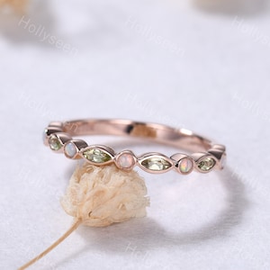 Opal Peridot Rose Gold Wedding Ring Band Half Eternity Bezel Birthstone Stacking Ring Dainty Gemstone Stackable Ring for Women Bridal Gift