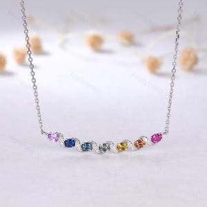 Natural Sapphire White Gold Rainbow Pendant Unique Colorful Gemstone Pendant Multicolor Birthstone Necklace Dainty Anniversary Gift for her