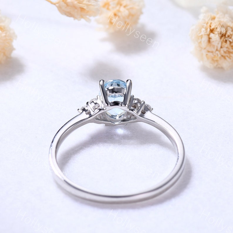 Oval Aquamarine Engagement Ring White Gold Cluster Moissanite Ring Vintage Blue Birthstone Ring Dainty Women Gemstone Ring Promise Ring image 4