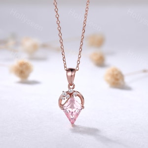 Vintage Kite Cut Pink Sapphire 14k Rose Gold Pendant Art Deco Necklace Unique Moon Necklace Dainty Women Bridal Gift Anniversary Gift