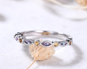 Alexandriet Citrien trouwring zilver witgouden ring paars gele edelsteen stapelring juni geboortesteen stapelring bruids belofte ring
