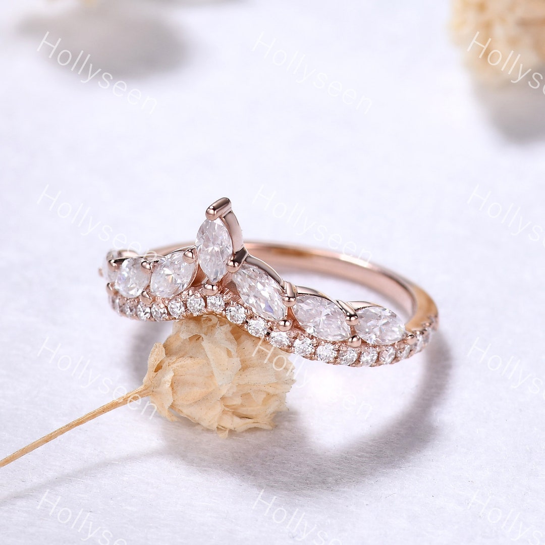 Marquise Moissanite Curved Wedding Ring Band 14k Rose Gold Moissanite ...