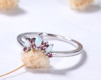Dainty Opal Pink Tourmaline Wedding Band Ring Sterling Silver Gemstone Engagement Bridal Curved Stacking Ring Vintage Crown Matching Ring