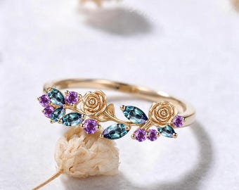 Botanical Rose Marquise Alexandrite Amethyst Floral Wedding Band Solid 14 Yellow Gold Nature Inspired Flower Leaf Purple Stones Ring for Her