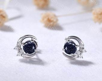 Blue Sandstone White Gold Stud Earrings Dainty Moissanite Moon Earrings Vintage Engagement Promise Gift Anniversary Jewelry for Women