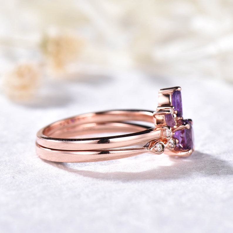 Amethyst Bridal Ring Set Rose Gold CZ Diamond Wedding Ring Set Etsy